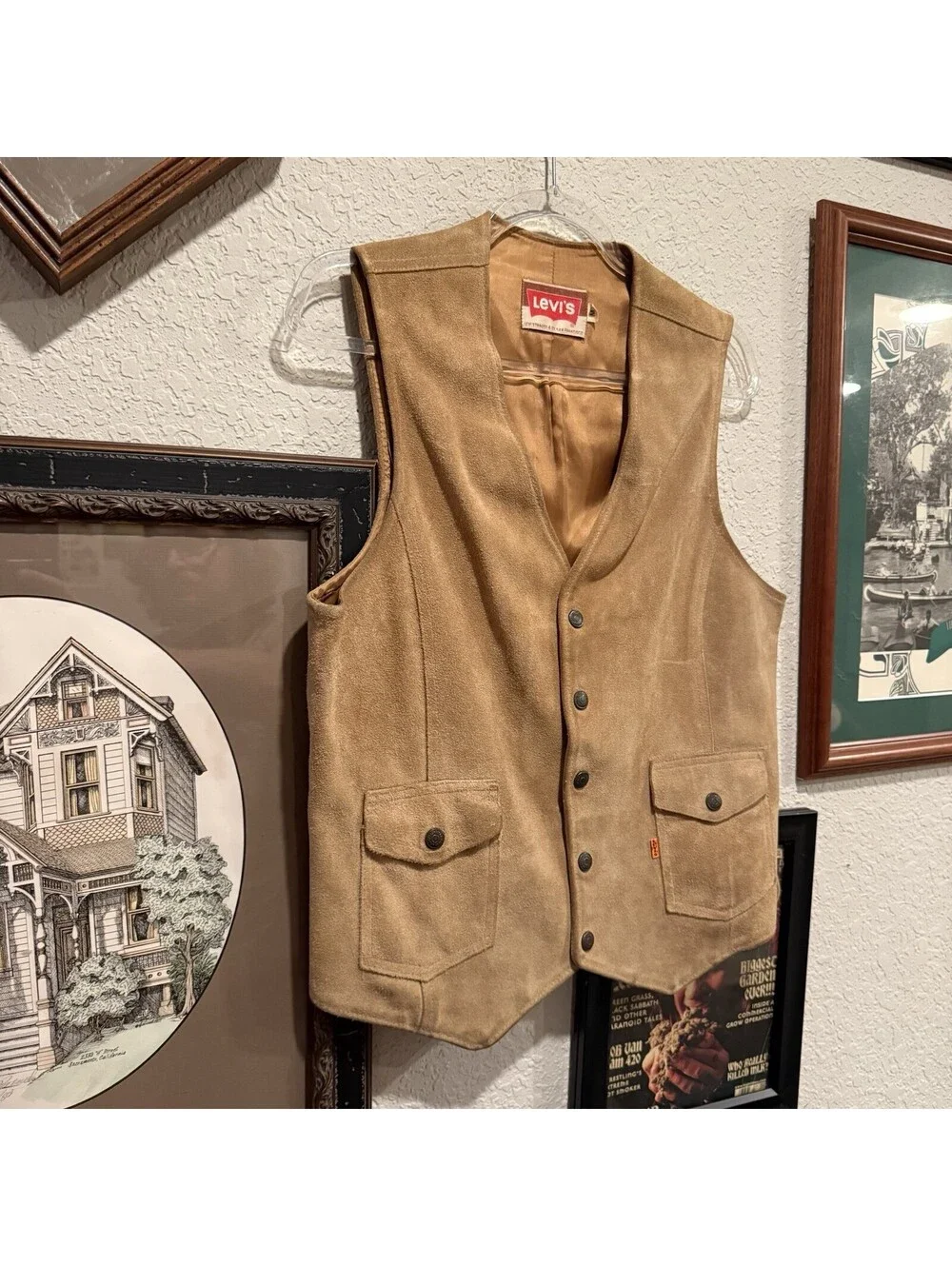 Vintage 60s/70s RARE Levis Tan Suede Western Disco USA Vest Mens Medium